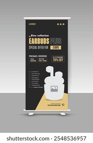 Modern and stylish new earbuds sale roll-up display standee banner design or Cyber ​​Monday and Black Friday sale roll-up banner template