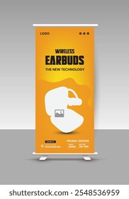 Modern and stylish new earbuds sale roll-up display standee banner design or Cyber ​​Monday and Black Friday sale roll-up banner template
