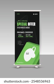 Modern and stylish new earbuds sale roll-up display standee banner design or Cyber ​​Monday and Black Friday sale roll-up banner template