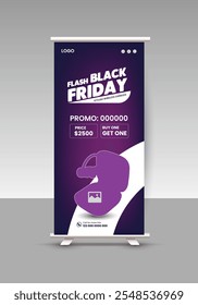 Modern and stylish new earbuds sale roll-up display standee banner design or Cyber ​​Monday and Black Friday sale roll-up banner template