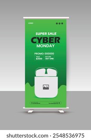 Moderne und stilvolle neue Ohrhörer Verkauf Roll-up Display Stand Banner Design oder Cyber ​​Montag und Black Friday Verkauf Roll-up Banner Vorlage