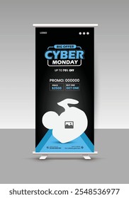 Modern and stylish new earbuds sale roll-up display standee banner design or Cyber ​​Monday and Black Friday sale roll-up banner template