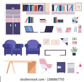 Modern and stylish office furniture collection vector illustration. Set of interior objects such as bookcase, bookshelves, arm-chair, chair desk, laptop and stationary flat style concept