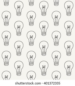 Modern stylish outlined texture with sign of the horn hand gesture inside of the light bulbs - vector seamless pattern