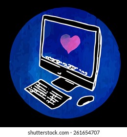 Modern stylish personal computer, hand drawn vector illustration, background, icon, button