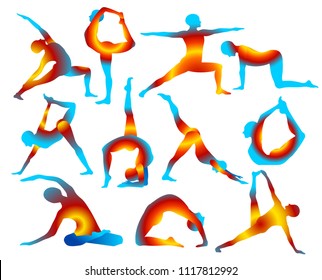 Modern, stylish poses of yoga with a man. Yoga, meditation, breathing. Beyond Yoga Sophisticated situations, physical activity. Yoga. Modern vector flat design image isolated on white background
