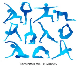 Modern, stylish poses of yoga with a man. Yoga, meditation, breathing. Beyond Yoga Sophisticated situations, physical activity. Yoga. Modern vector flat design image isolated on white background