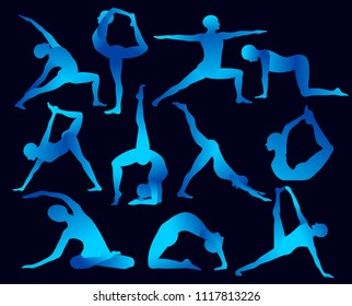 Modern, stylish poses of yoga with a man. Yoga, meditation, breathing. Beyond Yoga Sophisticated situations, physical activity. Yoga. Modern vector flat design image isolated on black background