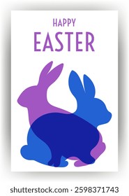 Modern stylish postcard with Easter bunnies with overlapping. Blue and purple rabbits on white background