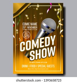 Modern Stylish Poster Card Of Comedy Show Vector. Microphone, Confetti, Yellow Curtain And Calligraphy Text Of Entertainment Depicted On Funny Comedy Performance Banner. Realistic 3d Illustration