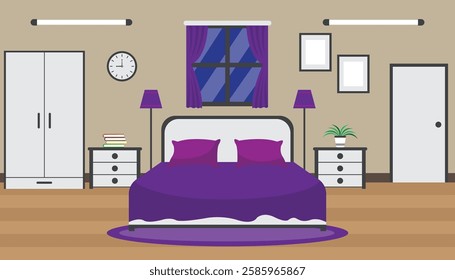 Modern and Stylish Purple and White Bedroom with bed, clock, side table, almirah, paintings and light