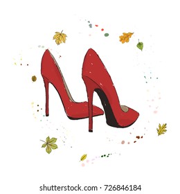 Modern stylish shoes of red color. Shoes on the background of autumn leaves and drops of watercolor. Hand drawn vector illustration on a white background.