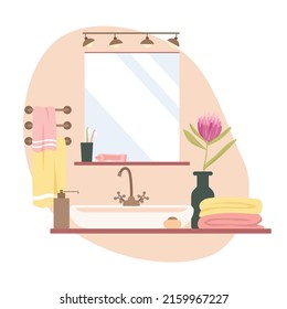 Modern stylish sink table and mirror. Cozy bathroom interiour details, care accessories and room furniture, shower towels and plant decor, ceramic washbasin vector illustration