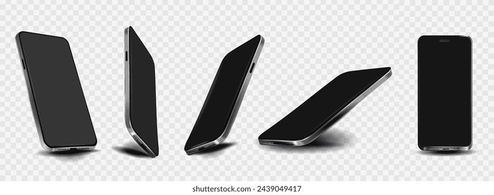 Modernos smartphones con estilo de un nuevo modelo con pantalla en blanco sobre fondo transparente. Colección gratuita de elegantes smartphones desde diferentes ángulos. Modernas maquetas de teléfono para la presentación