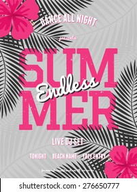 Modern And Stylish Summer Party/music Festival Flyer Design. Black And White Palm Leaves With Pink Hibiscus Flowers And Text In Neon Pink. Scalable To A Standard 8,5