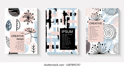 Modern stylish templates with organic abstract shapes with place for text. Contemporary collage for wedding invitations, flyers, newsletter, poster, magazine cover, packaging, branding, web design