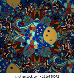 Modern stylish texture. Fishes on black, blue and yellow. Vector. Repeating geometric tiles with fish. Seamless pattern.