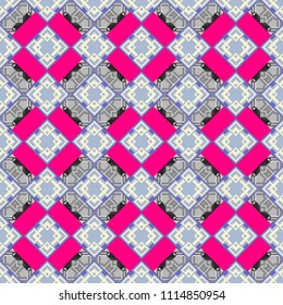 Modern stylish texture. Vector seamless pattern. Repeating geometric magenta, gray and blue tiles. Trendy contemporary graphics.