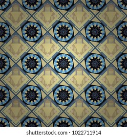 Modern stylish texture with yellow, beige and blue tiles. Repeating geometric tile pattern. Trendy hipster geometry. Vector seamless pattern. Simple graphic design.