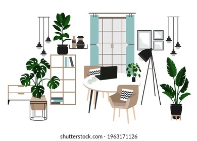 Modern, stylish, trendy interior, living room. Scandinavian style. Vector illustration. Freelance, home atmosphere.