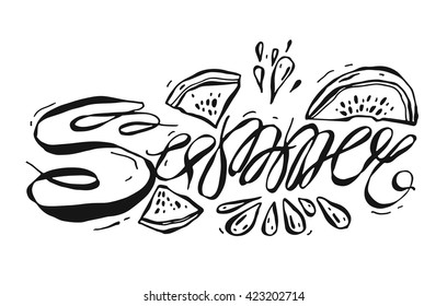 Modern and stylish typographic design lettering for poster. Hand lettered text "Summer" on white background with watermelon and water spray.Black and white lined.