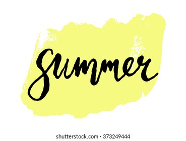 Modern and stylish typographic design poster. Hand lettered text "Summer" on a background of neon yellow brush stroke.