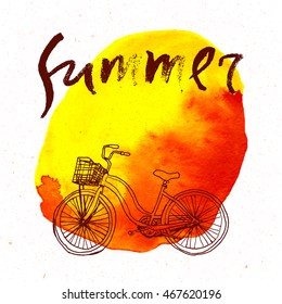 Modern and stylish typographic design poster. Hand lettered text Summer on a background of red brush stroke.