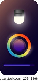 A modern and stylish user interface design for a smart room light control app, featuring a gradient color dial and a glowing light bulb icon