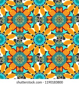 Modern stylish vector colorful texture. Seamless pattern abstract background with random size squares. A mosaic of squares in blue, orange and yellow colors.