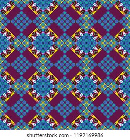 Modern stylish vector colorful texture. Seamless pattern abstract background with random size squares. A mosaic of squares in blue, green and purple colors.