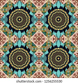 Modern stylish vector colorful texture. Seamless pattern abstract background with random size squares. A mosaic of squares in blue, brown and black colors.