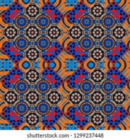 Modern stylish vector colorful texture. Seamless pattern abstract background with random size squares. A mosaic of squares in blue, black and orange colors.
