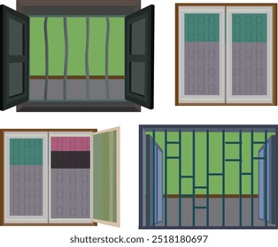 Modern stylish windows collection.Set of indian village windows.open and closed windows group vector illustration isolated on white background