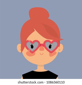Modern stylish woman with heart glasses. Vartoon vector illustration