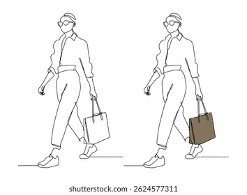 Modern stylish woman walking with big bag, drawn in minimalist continuous line art style. Fashionable and elegant figure wearing casual yet trendy clothes.