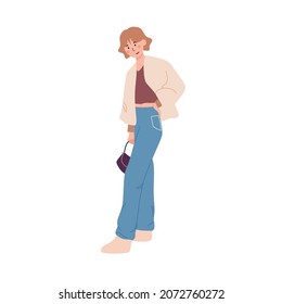 Modern Stylish Women Wear Baggy Jeans. Feel Confident To Be Active In The Modern Era With The Latest Clothes. Flat Vector Illustration