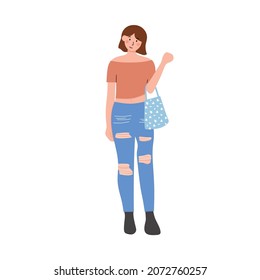 Modern stylish women wear ripped jeans. Feel confident to be active in the modern era with the latest clothes. Flat vector illustration