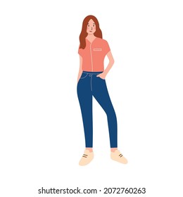 Modern stylish women wear skinny jeans. Feel confident to be active in the modern era with the latest clothes. Flat vector illustration