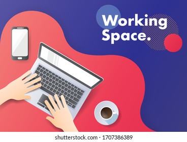 Modern and stylish Workplace. Top view of a notebook, coffee, camera, and laptop.
