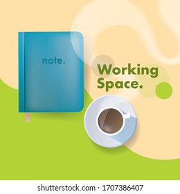 Modern and stylish Workplace. Top view of a notebook, coffee, camera, and laptop.