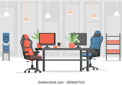 Modern and stylish workplace vector flat design. Red and blue armchairs or gaming chairs, computer monitors, and office documents in book shelves. Office interior design.