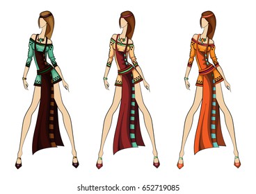Modern stylization of the historical Slavonic costume. Vector Costume design illustration.