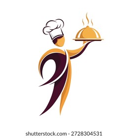 A modern, stylized abstract vector illustration of a professional chef wearing a traditional toque hat, holding a serving platter with a hot dish covered by a cloche. The design features elegant, sweeping curves in a two-tone palette of deep maroon and golden orange, with steam rising from the plate. This graphic is ideal for use as a logo for restaurants, catering businesses, hospitality services, or culinary branding.