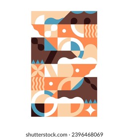 Modern stylized abstraction. Geometric poster. Round shapes, squared forms, abstract figures. Vertical artwork, interior decoration. Contemporary cubism wall art, background. Flat vector illustration
