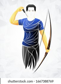 geometrischer Sportler-Bogenschütze. Cartoon Vektorillustration Illustration des Menschen mit Bogen und Pfeil schreien auf das Ziel. Boy Archer Gamer.