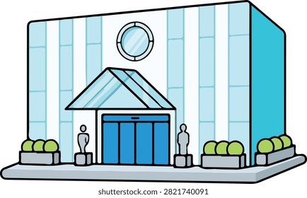 A modern, stylized blue and light blue building with a glass entrance canopy, automatic doors, and a circular window. Decorative planters and abstract human figures adorn the exterior.