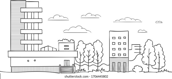 Modern stylized country houses between trees. Hand drawn.