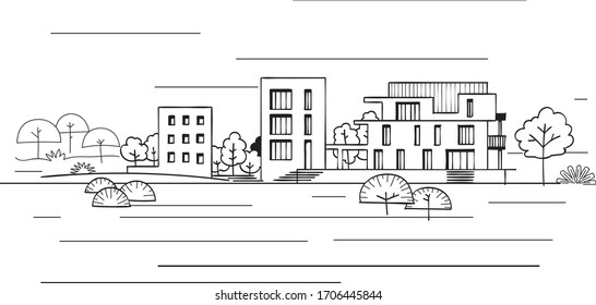 Modern stylized country houses between trees. Hand drawn.