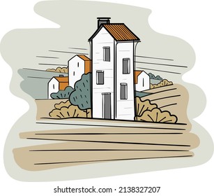 Modern stylized country houses between trees. Hand drawn. Landscape of Small village vector illustration. Creative artwork and packaging design.