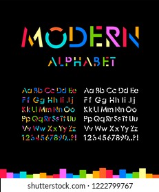 Modern stylized  font and alphabet. Vector illustration. Isolated on black background.